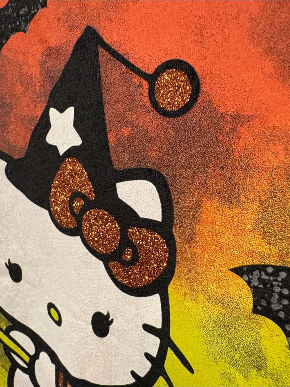 Vintage Hello Kitty Black Top with Orange Spiderweb Sleeves Yellow Moon Graphic